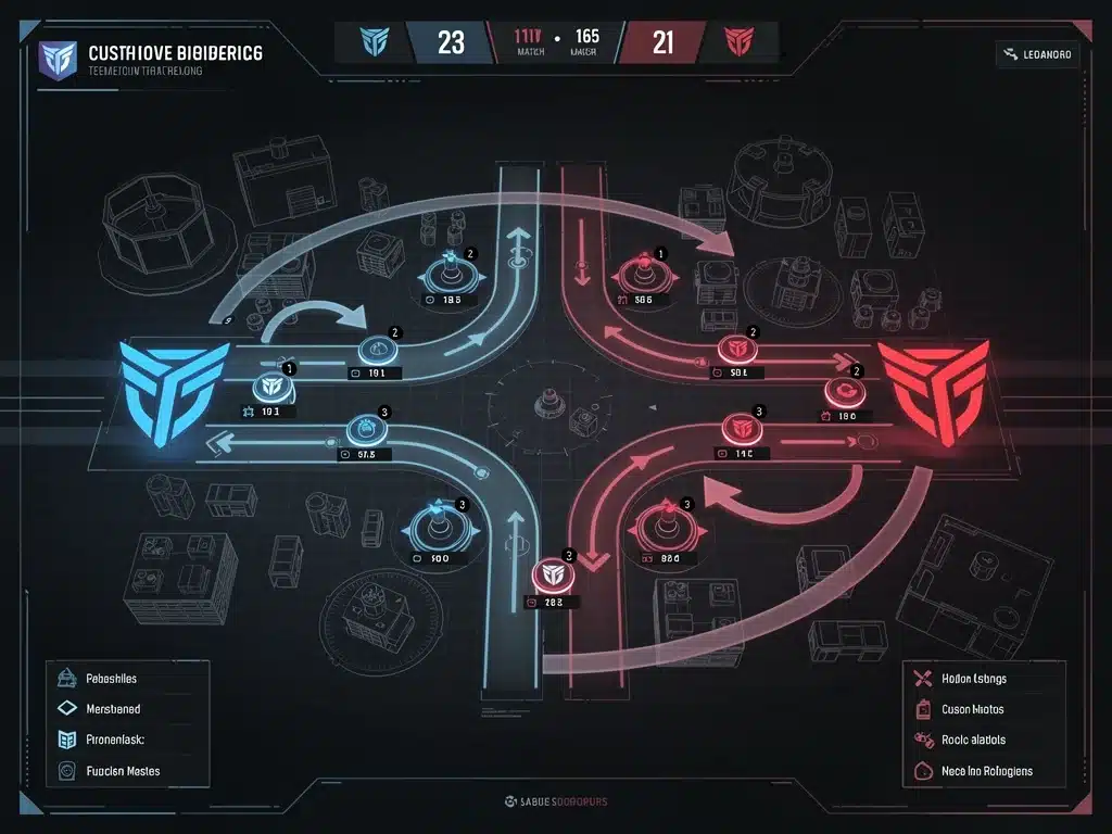 Mappa strategica di un gioco eSports con loghi di team italiani e indicazioni tattiche