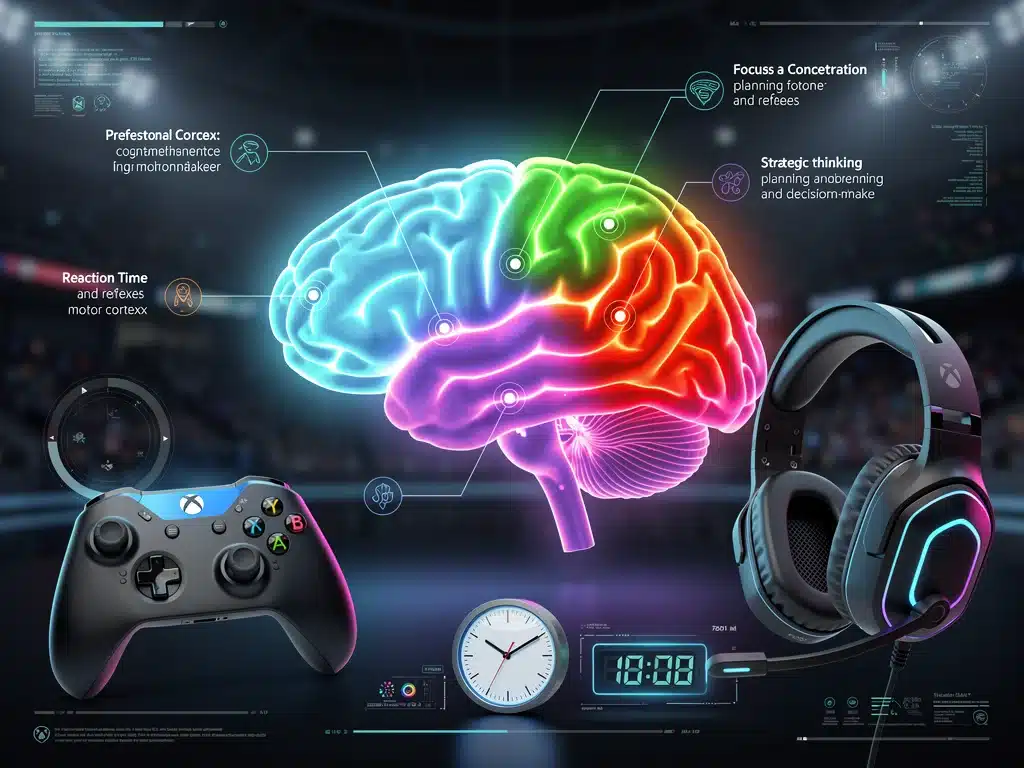 Illustrazione delle funzioni cognitive essenziali per le prestazioni nei tornei eSports, inclusa concentrazione e tempi di reazione.