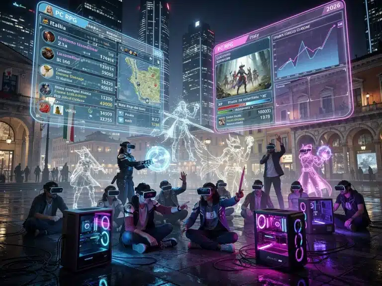Mercato dei giochi di ruolo per PC in Italia nel 2026: previsioni e i 4 titoli da tenere d'occhio, con grafici di crescita e gamer entusiasti.