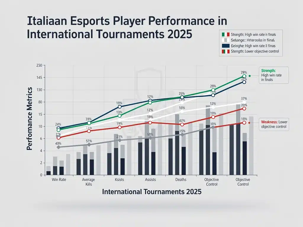 Grafico delle metriche di performance dei giocatori italiani negli Esports 2025.