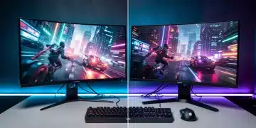 Confronto tra monitor gaming curvo e piatto, con giochi ad alta frequenza di aggiornamento