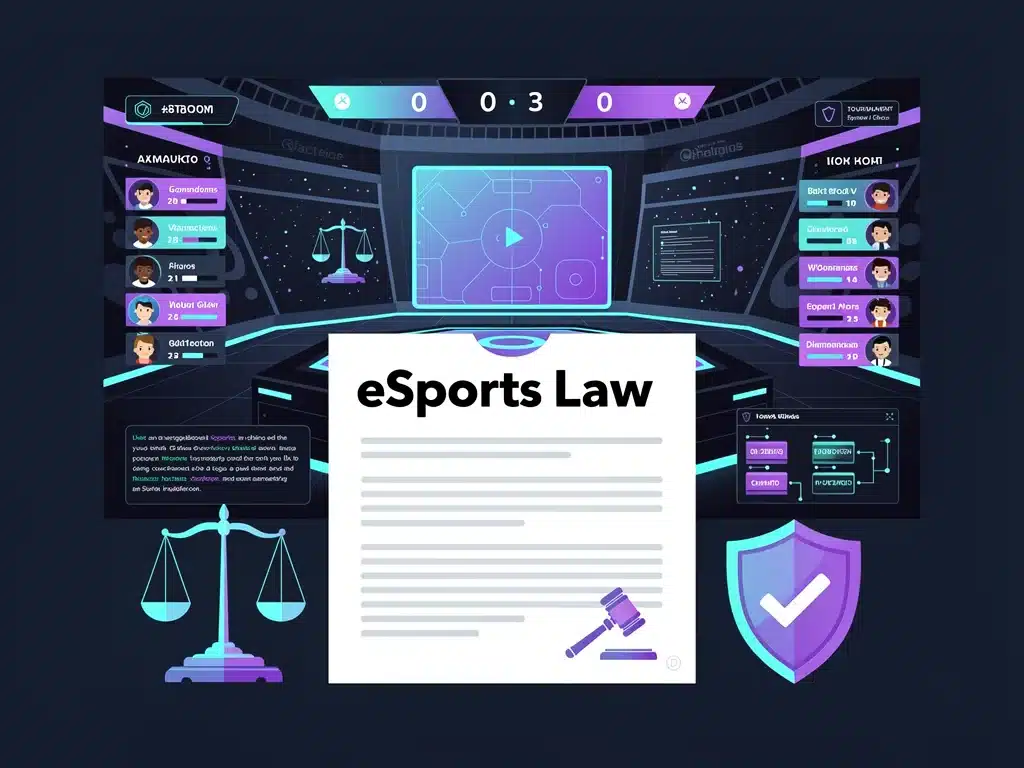 Documenti legali e normative sovrapposti a un'interfaccia eSports, rappresentando la legislazione sul gaming.