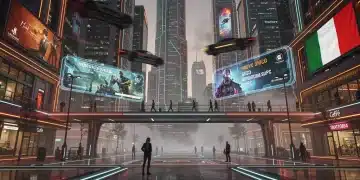 Paesaggio urbano digitale futuristico che mostra la potenza dei motori grafici Unreal Engine 5.2 e Unity 2026 nei giochi PC italiani.