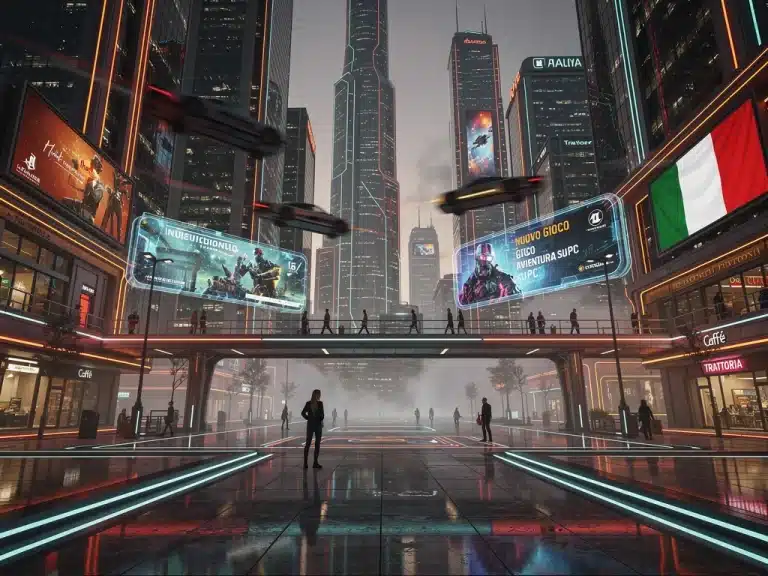 Paesaggio urbano digitale futuristico che mostra la potenza dei motori grafici Unreal Engine 5.2 e Unity 2026 nei giochi PC italiani.