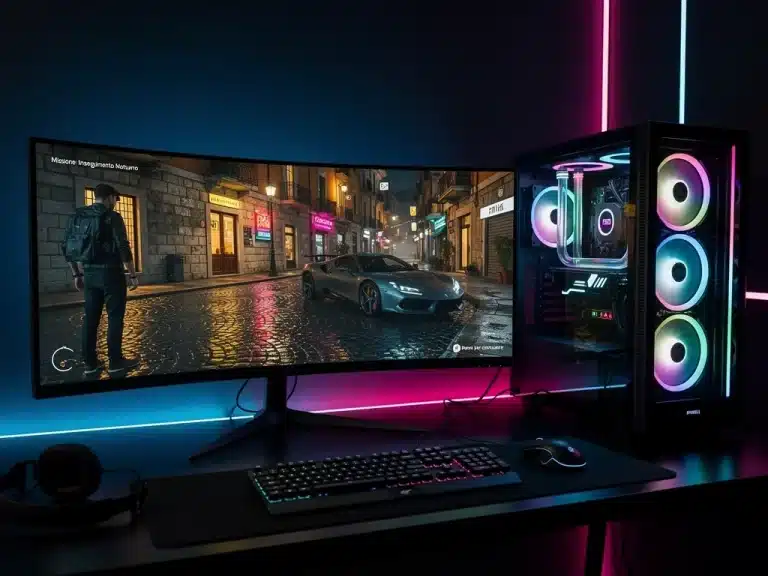 Configurazione gaming futuristica con PC ad alte prestazioni che mostra un gioco AAA italiano con grafica iper-realistica e illuminazione avanzata.