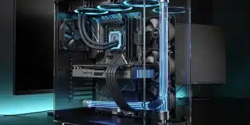 PC da gaming futuristico con sistema di raffreddamento a liquido avanzato e tubi luminosi blu