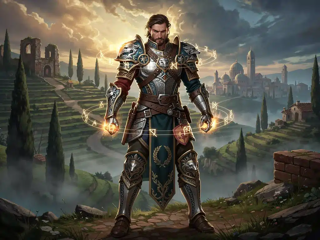 Concept art di un personaggio dettagliato da un RPG italiano in sviluppo, ambientato in un mondo fantasy ispirato al folklore italiano.