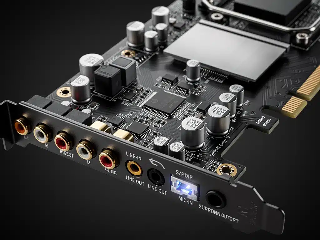 Dettaglio dei connettori e della componentistica di una scheda audio interna di fascia alta per PC gaming.