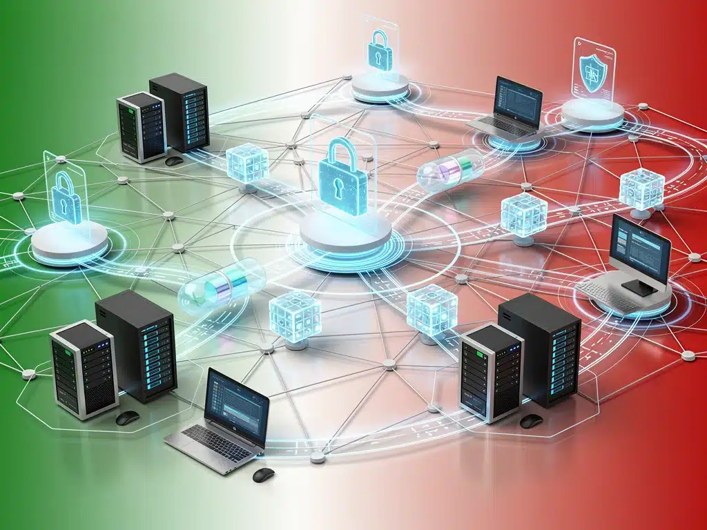Rappresentazione astratta di una rete di server con dati sicuri, che illustra un sistema anti-cheat integrato.