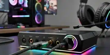 Scheda audio esterna ad alte prestazioni con illuminazione LED e cuffie da gaming, pronta per il gaming competitivo.