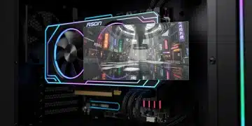 Scheda grafica di fascia media che esegue Ray Tracing in un ambiente di gioco futuristico, con riflessi realistici e illuminazione globale.