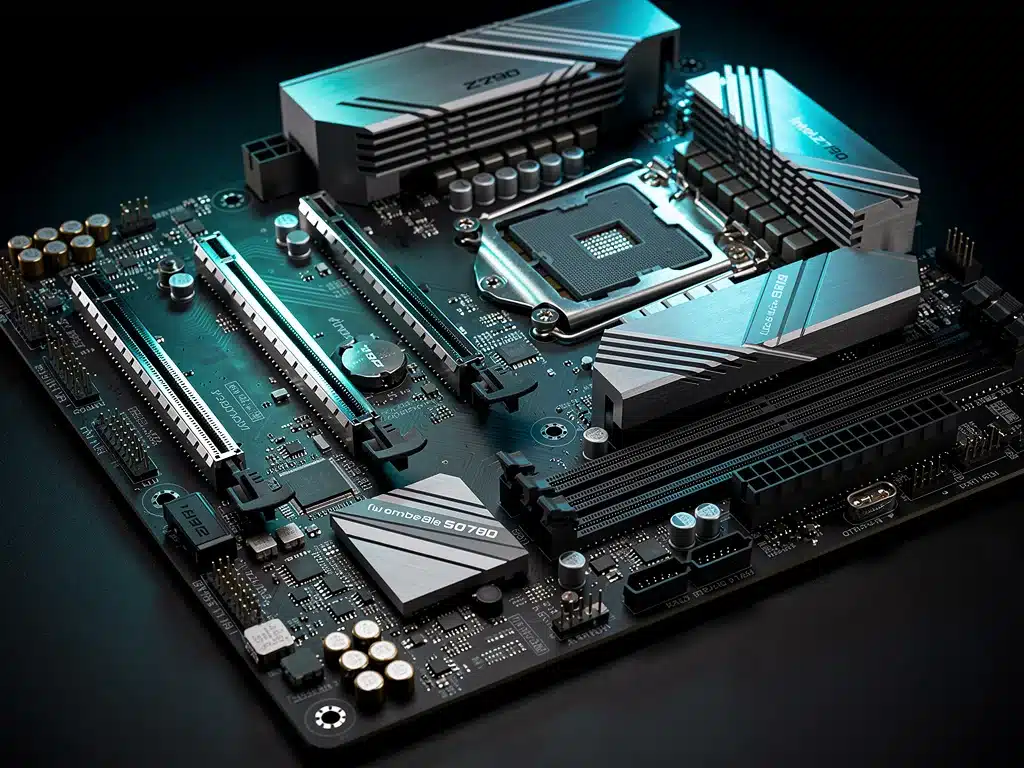 Dettaglio di una scheda madre Intel Z790 con dissipatori VRM e slot PCIe 5.0