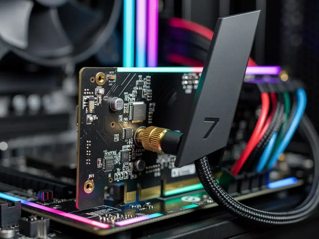 Scheda di rete gaming con antenna Wi-Fi 7 per bassa latenza