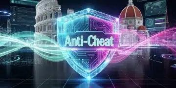 Scudo digitale futuristico che protegge un'interfaccia di gioco online, simbolo delle nuove funzionalità anti-cheat in Italia.