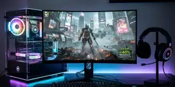 Configurazione gaming futuristica con PC ad alte prestazioni che mostra un gioco AAA, evidenziando la grafica migliorata e i frame rate fluidi grazie al DLSS 4.0 di NVIDIA.