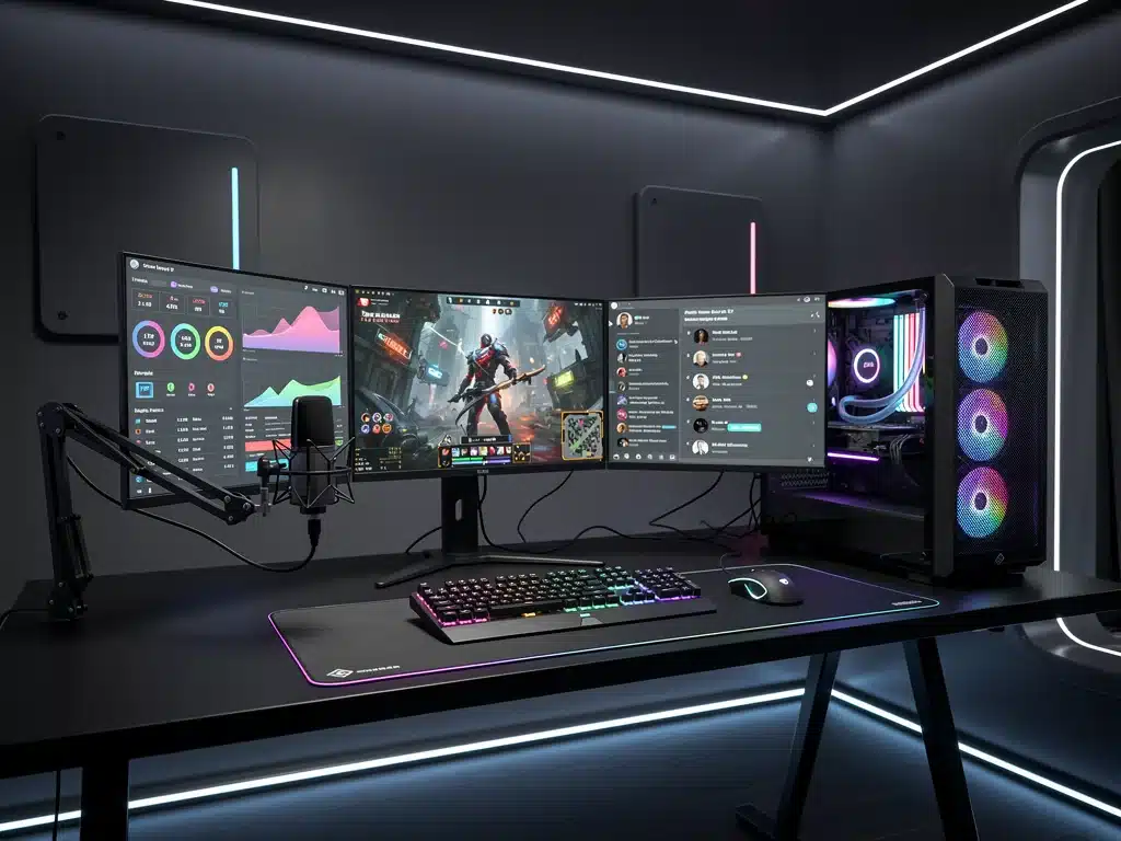 Setup da gaming professionale con monitor multipli che mostrano statistiche di gioco e canali di comunicazione, essenziale per i tornei online.