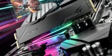 Unità SSD NVMe Gen 5 ad alte prestazioni su scheda madre gaming, con illuminazione RGB e componenti avanzati, simbolo di velocità e innovazione nel gaming.