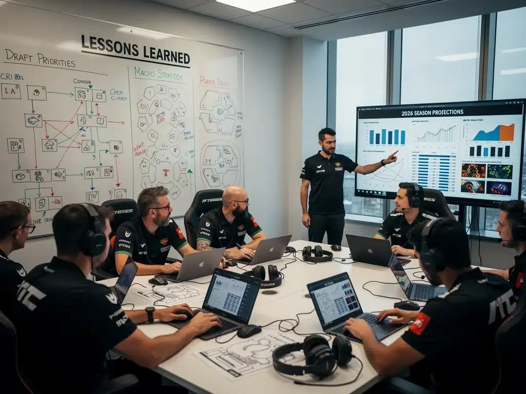 Team Esports italiano in riunione strategica per la stagione 2026, analizzando i dati del 2025.