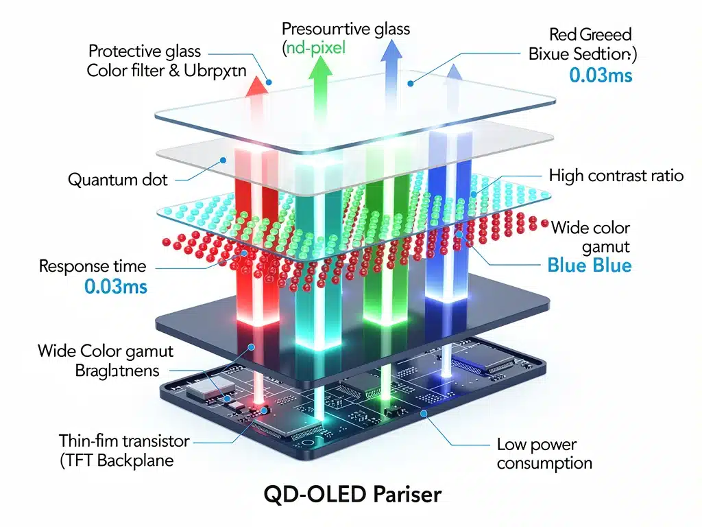 Diagramma tecnico della struttura del pannello QD-OLED, che mostra la conversione della luce e l'efficienza dei colori.