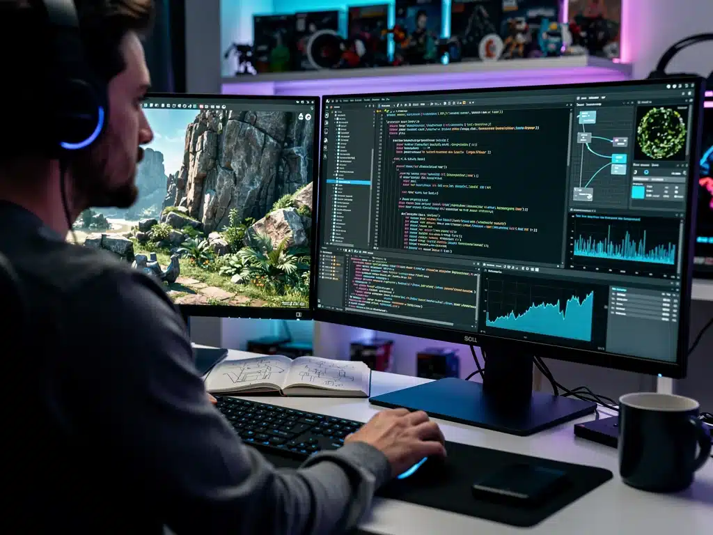 Sviluppatore di videogiochi che lavora su un progetto con Unreal Engine 5.2, mostrando la complessità dello sviluppo di giochi PC.