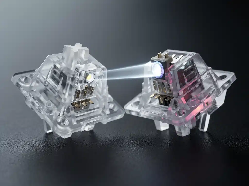 Dettaglio di uno switch ottico per tastiera meccanica, con fascio di luce che indica l'attivazione ultra-rapida.