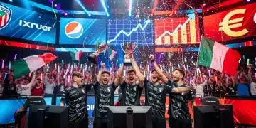 Team eSports italiano che celebra una vittoria, con loghi di sponsor visibili e un grande pubblico, simboleggiando la crescita finanziaria.