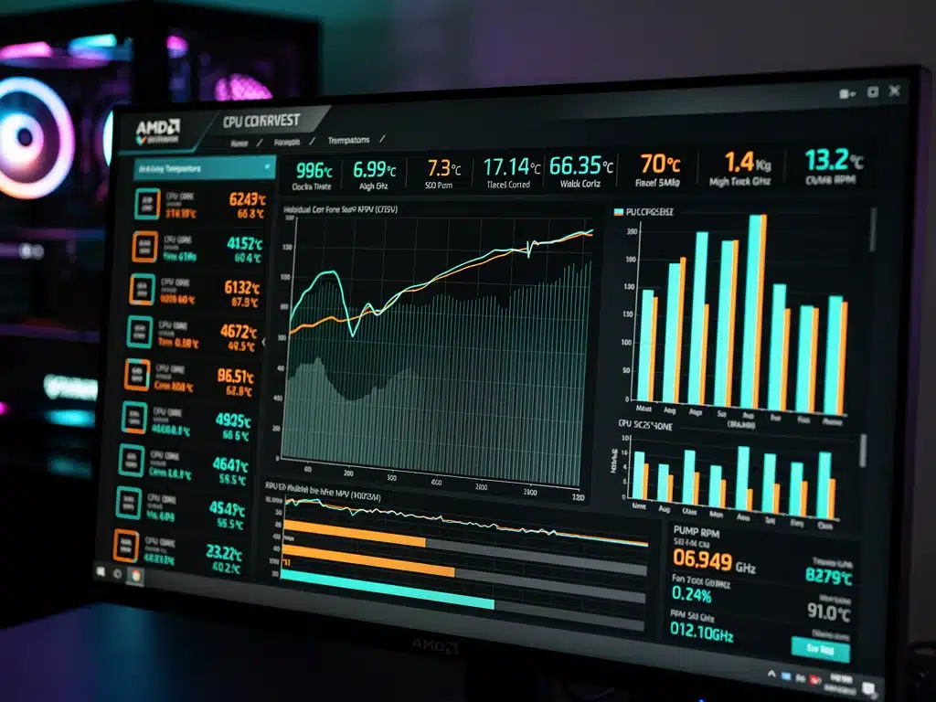Schermata di benchmark con temperature e prestazioni di una CPU AMD raffreddata da un dissipatore a liquido AIO sotto stress.