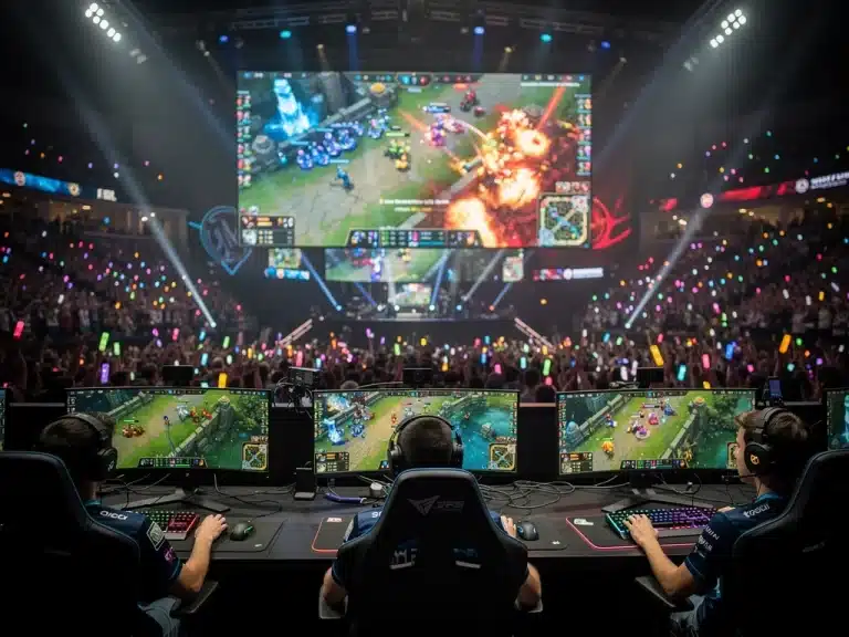 Giocatori professionisti di League of Legends in intensa competizione durante un torneo italiano.