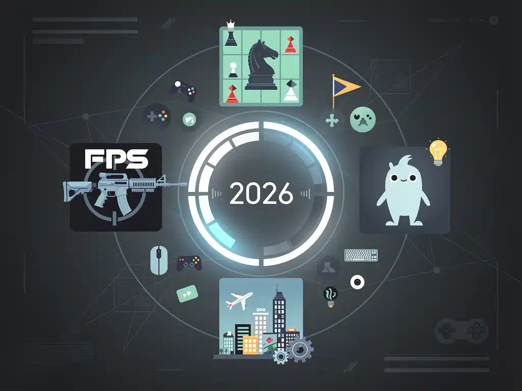 Montaggio di icone di diversi generi di giochi PC 2026, che simboleggiano la varietà dei rilasci.