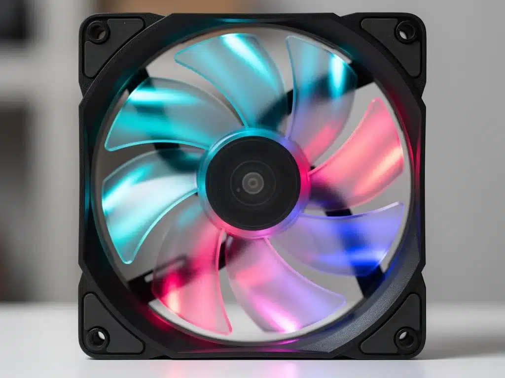Dettaglio di una ventola PWM da 140mm con illuminazione RGB e pale ottimizzate per il flusso d'aria.