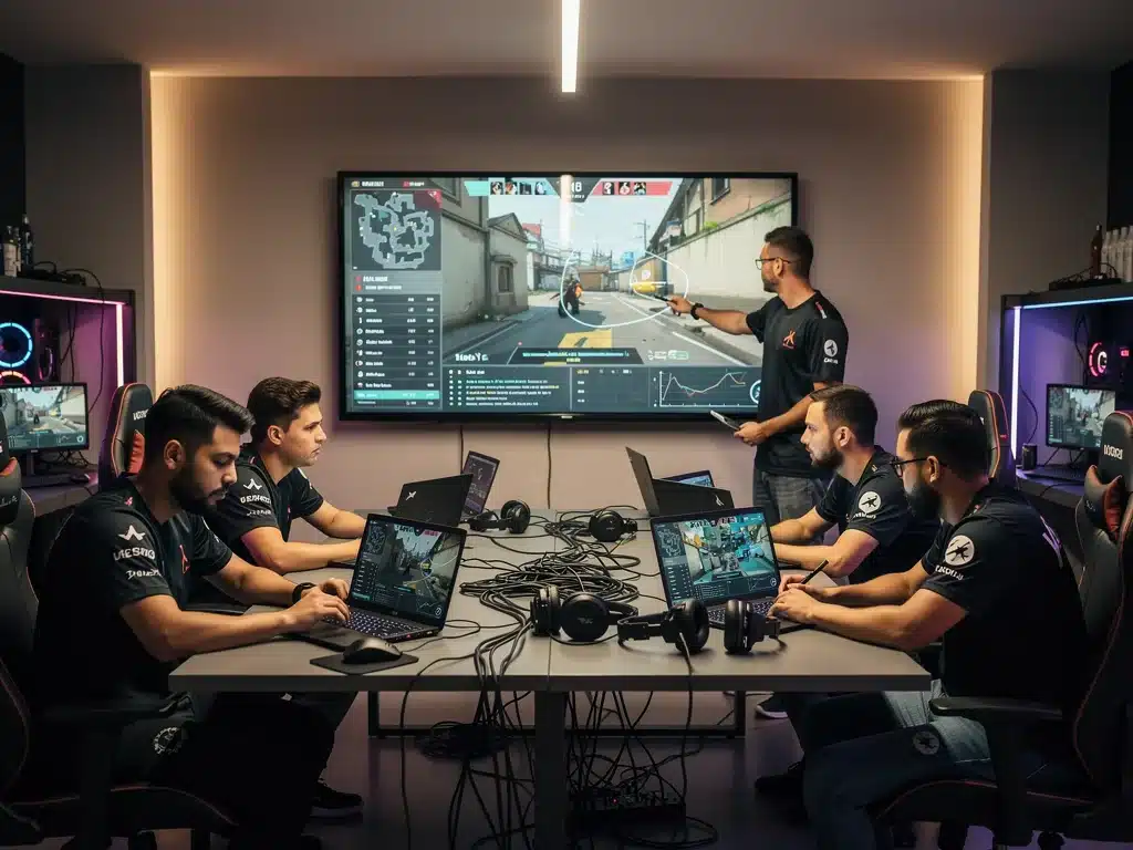 Squadra di Valorant in sessione di debriefing post-partita con il coach, analizzando le performance e le strategie di gioco.