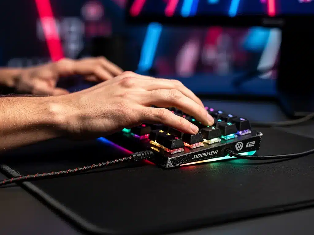 Mani di un giocatore esports su tastiera e mouse da gaming durante una competizione.