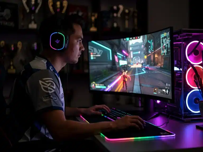 Pro player italiano di Valorant in allenamento intensivo per i tornei del 2026, concentrato sul gioco con setup da gaming professionale.