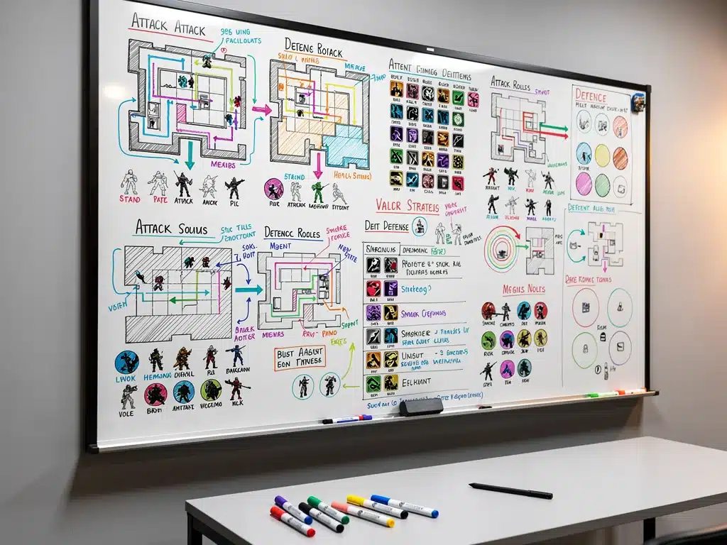 Diagrammi tattici di Valorant e strategie di squadra su una lavagna, essenziali per la preparazione ai tornei.