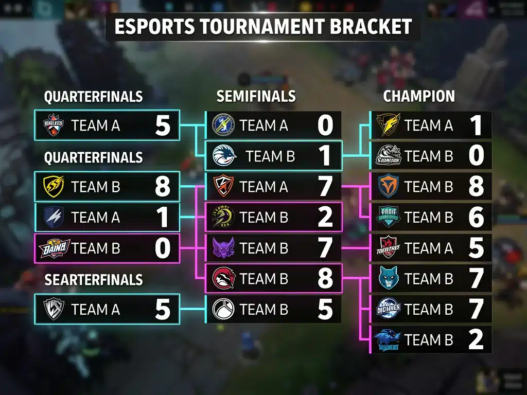 Tabellone di un torneo esports con squadre, risultati e avanzamento competitivo.